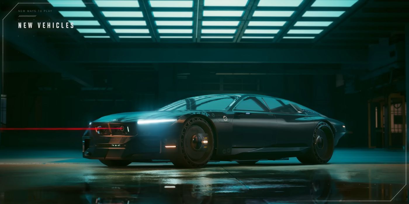 A black four-door vehicle emitting two red laser beams from underneath its hood in Cyberpunk 2077 Phantom Liberty.