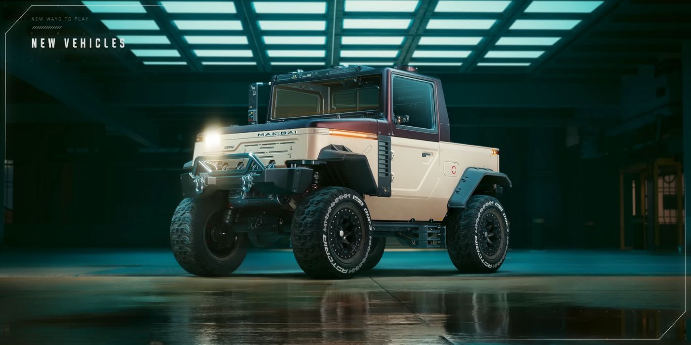 A small, box-like two-door beige Makigiai vehicle in Cyberpunk 2077 Phantom Liberty.