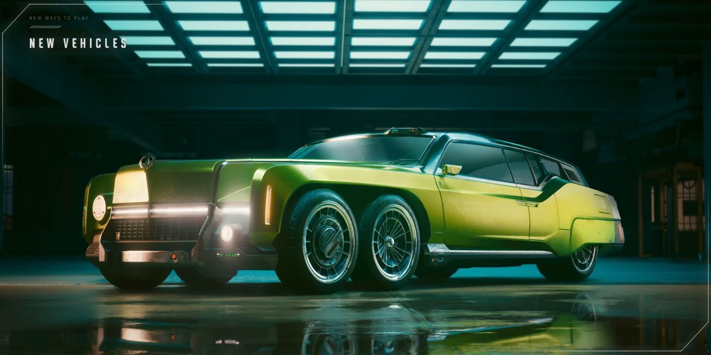 A long, neon green 6-wheel limousine labeled in small green font as &ldquo;P4449&rdquo; in Cyberpunk 2077 Phantom Liberty.