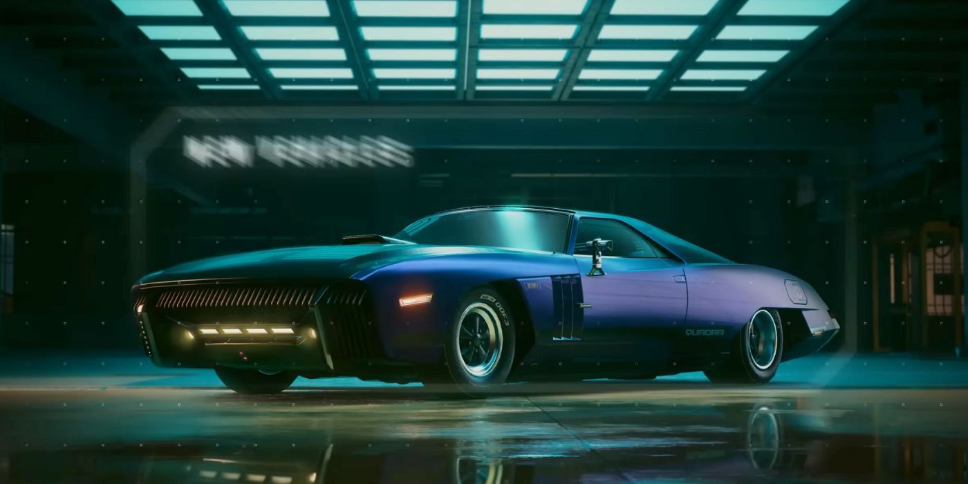 A large, deep purple new Quadra model with small wheels and a long hood in Cyberpunk 2077 Phantom Liberty.
