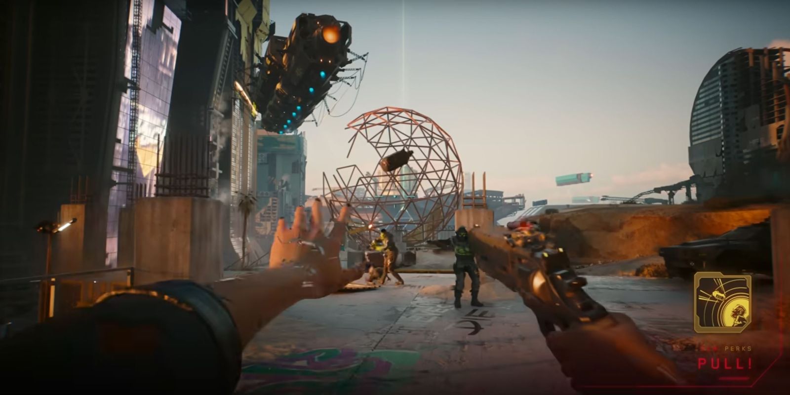 Cyberpunk 2077 Phantom Liberty Pull, imagem de V jogando uma granada.