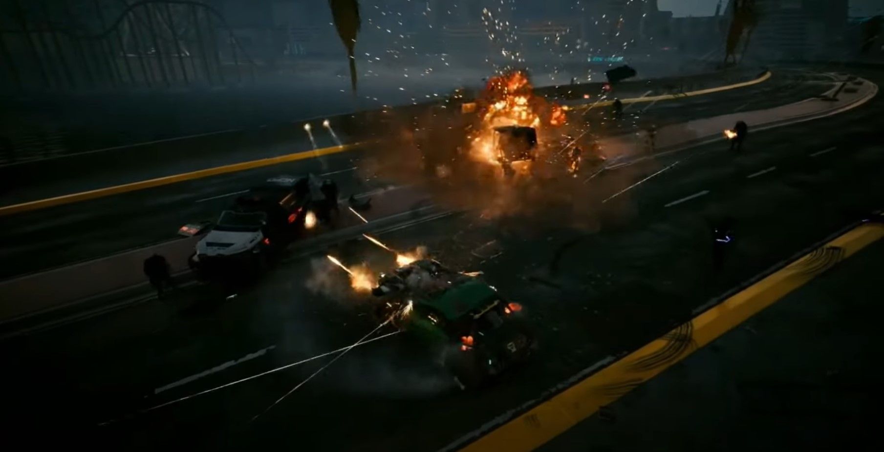 V doing a donut in an armored car while firing bullets in every direction to escape the police in Cyberpunk 2077 Phantom Liberty.