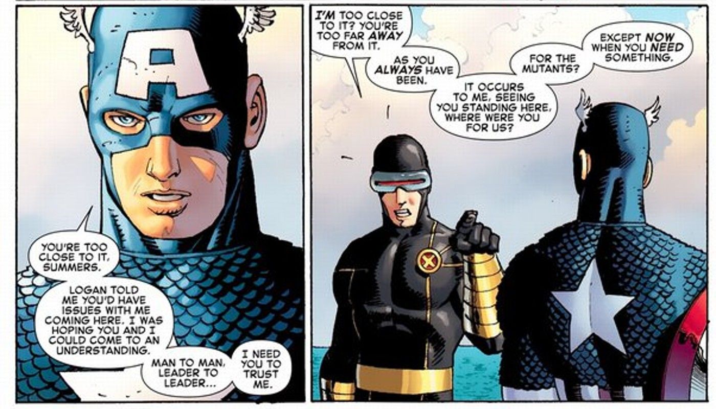 Cyclops argues with Captain America as X-Men and Avengers look on