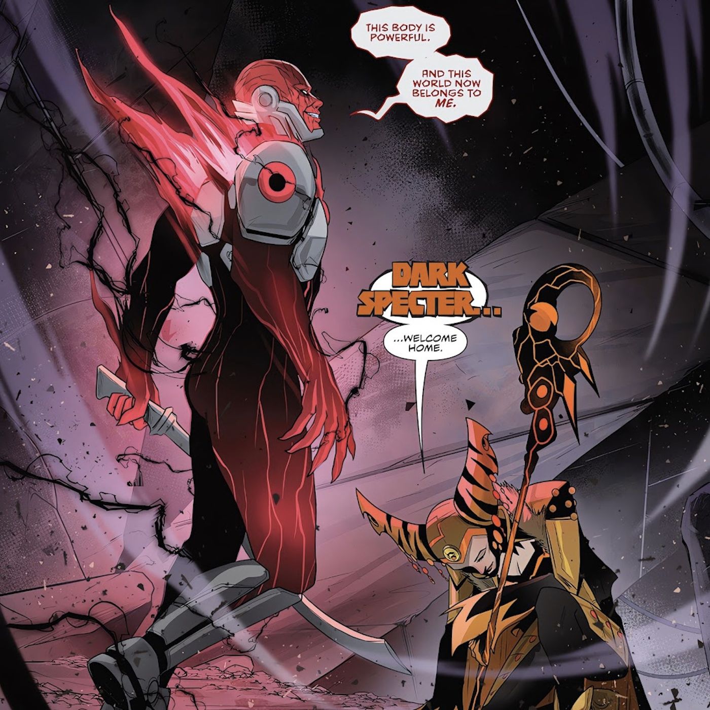 Dark Specter using Zordon's body, as Mistress Vile kneels before him 