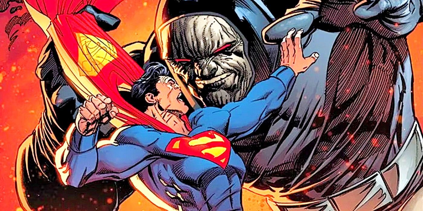 Comic book art: a large version of Darkseid attacks Superman while holding him by the cape.
