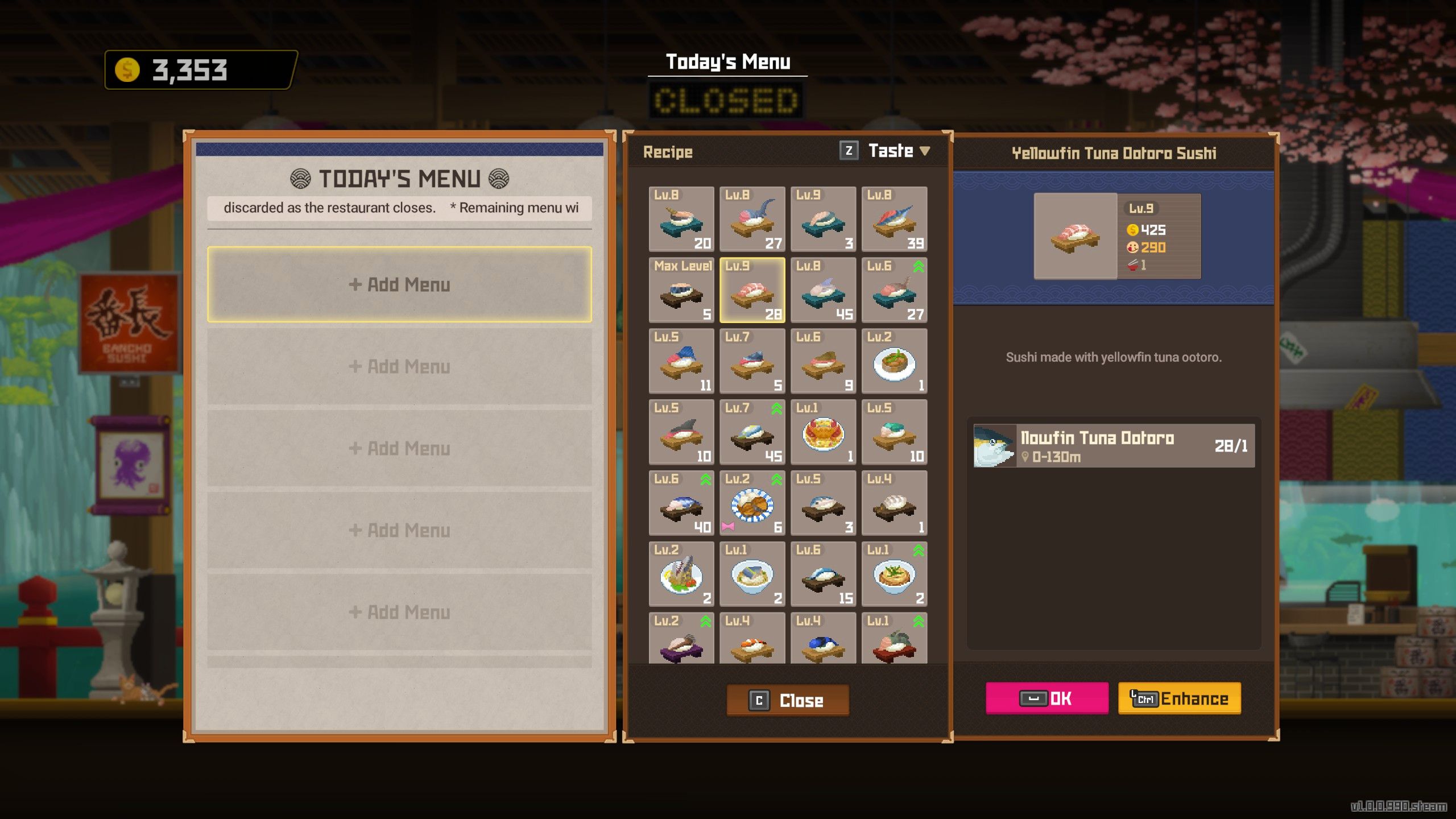 Dave The Diver Bancho Sushi Menu With Enhanced Tuna Sushi With High Taste Rating Highlighted