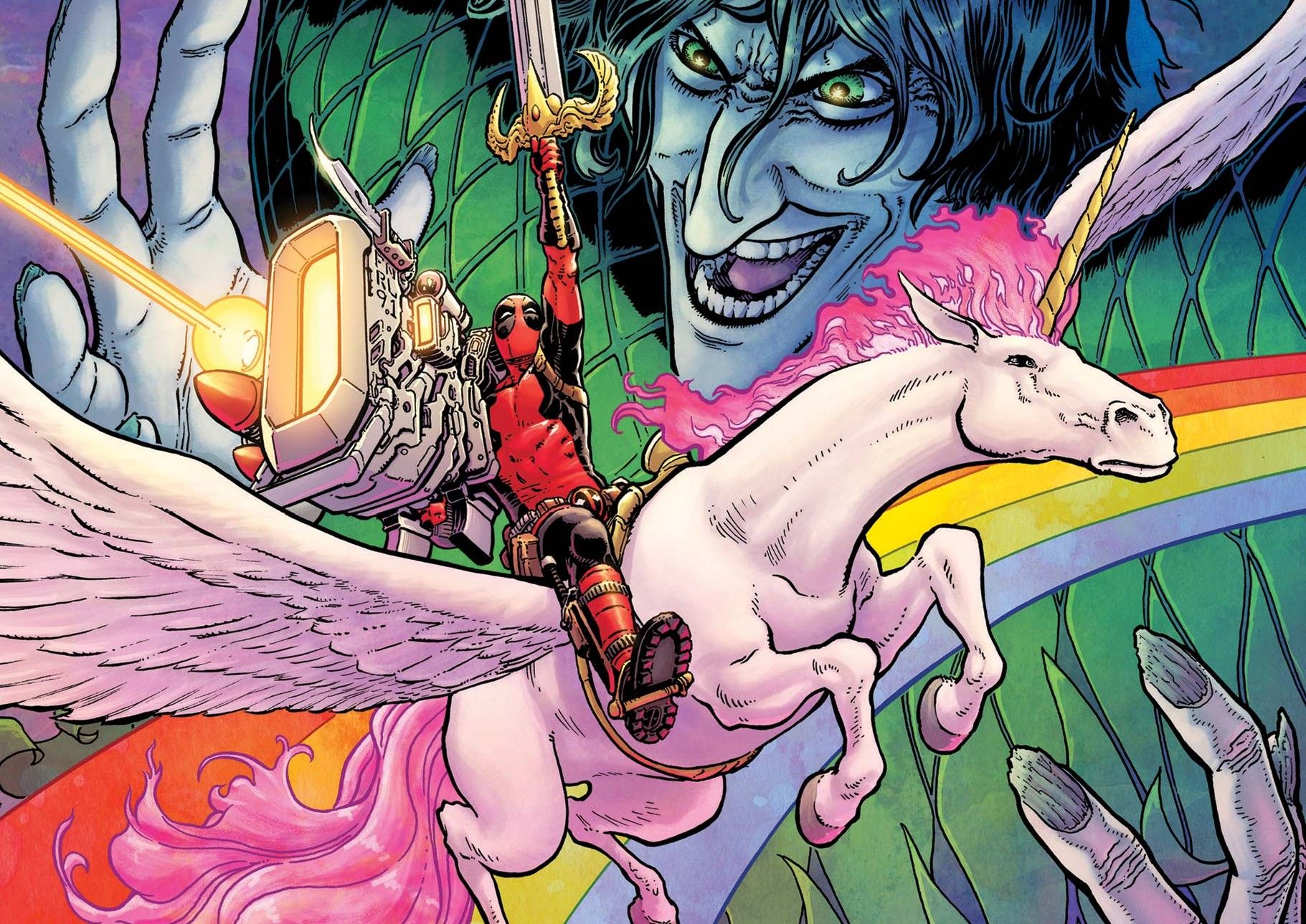 deadpool on a unicorn