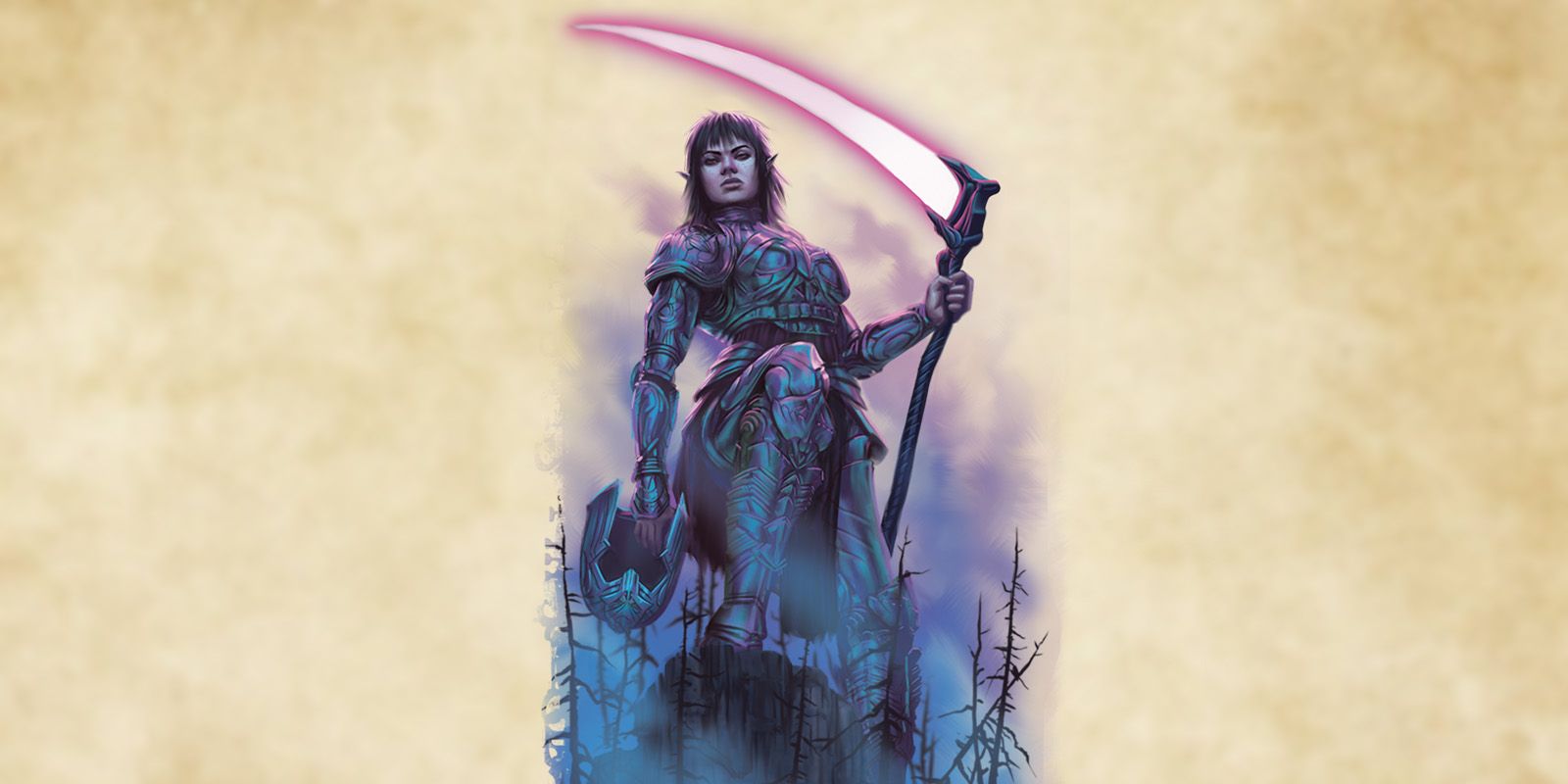 Death Giant Reaper wielding a glowing pink scythe and towering over a dead forest in D&amp;D.