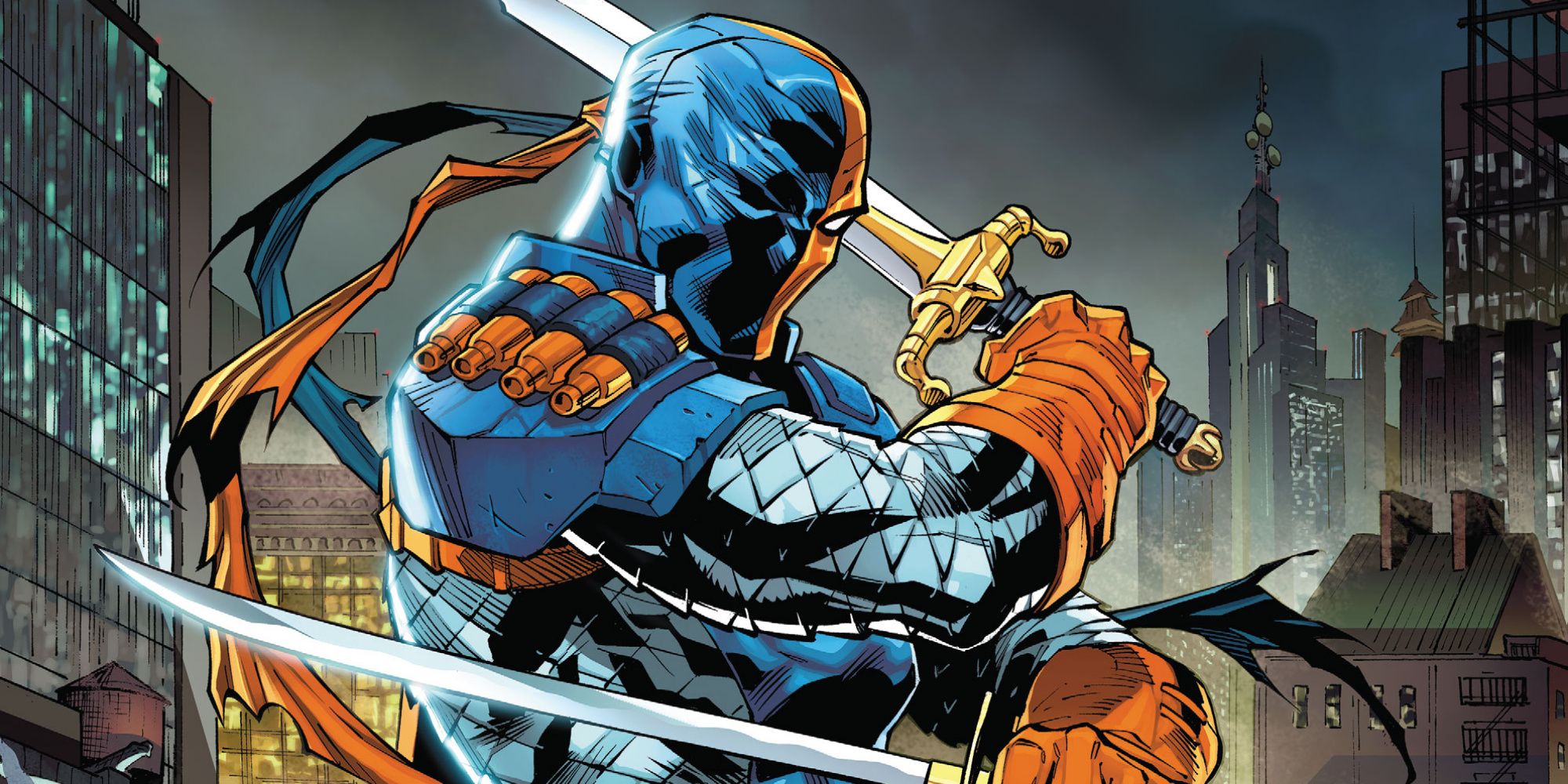 Deathstroke wielding two swords in a blue and orange masked costume against a dark city backdrop.