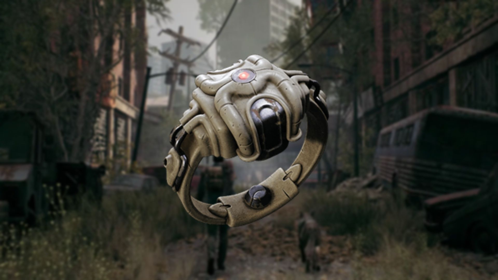 A render of Deep Pocket Ring, a thick retrofuturistic tan ring, set against a blurred background of the Handler and their dog exploring the ruined world.
