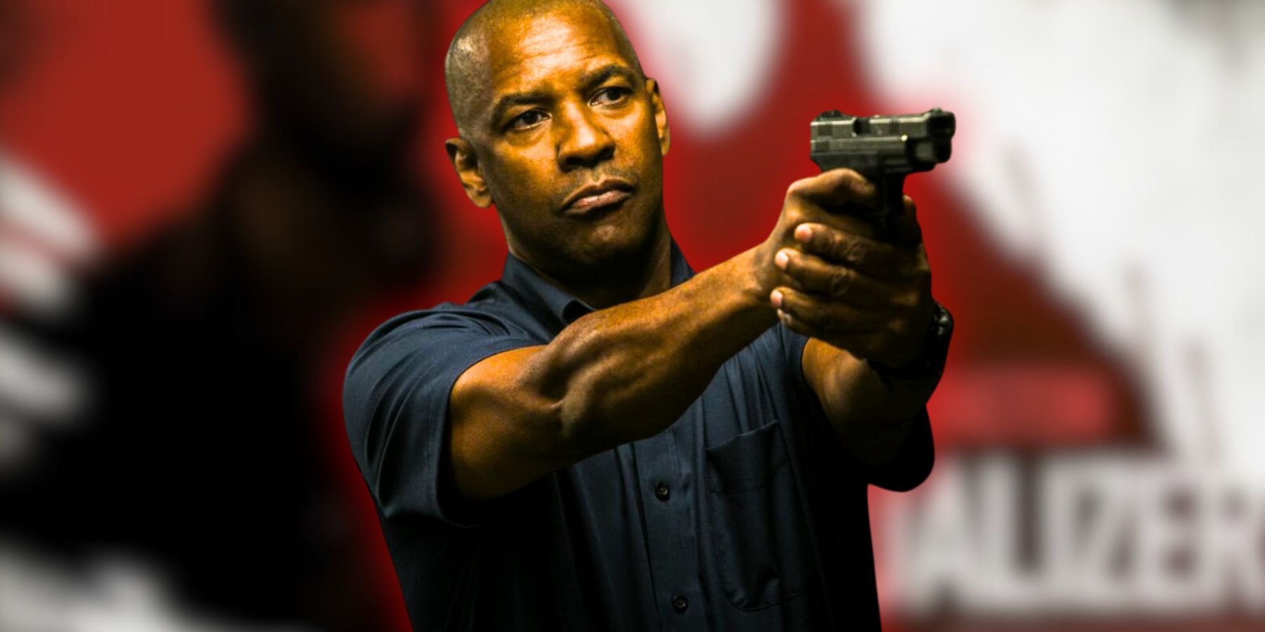 Denzel Washington in the Equalizer with blurred film poster