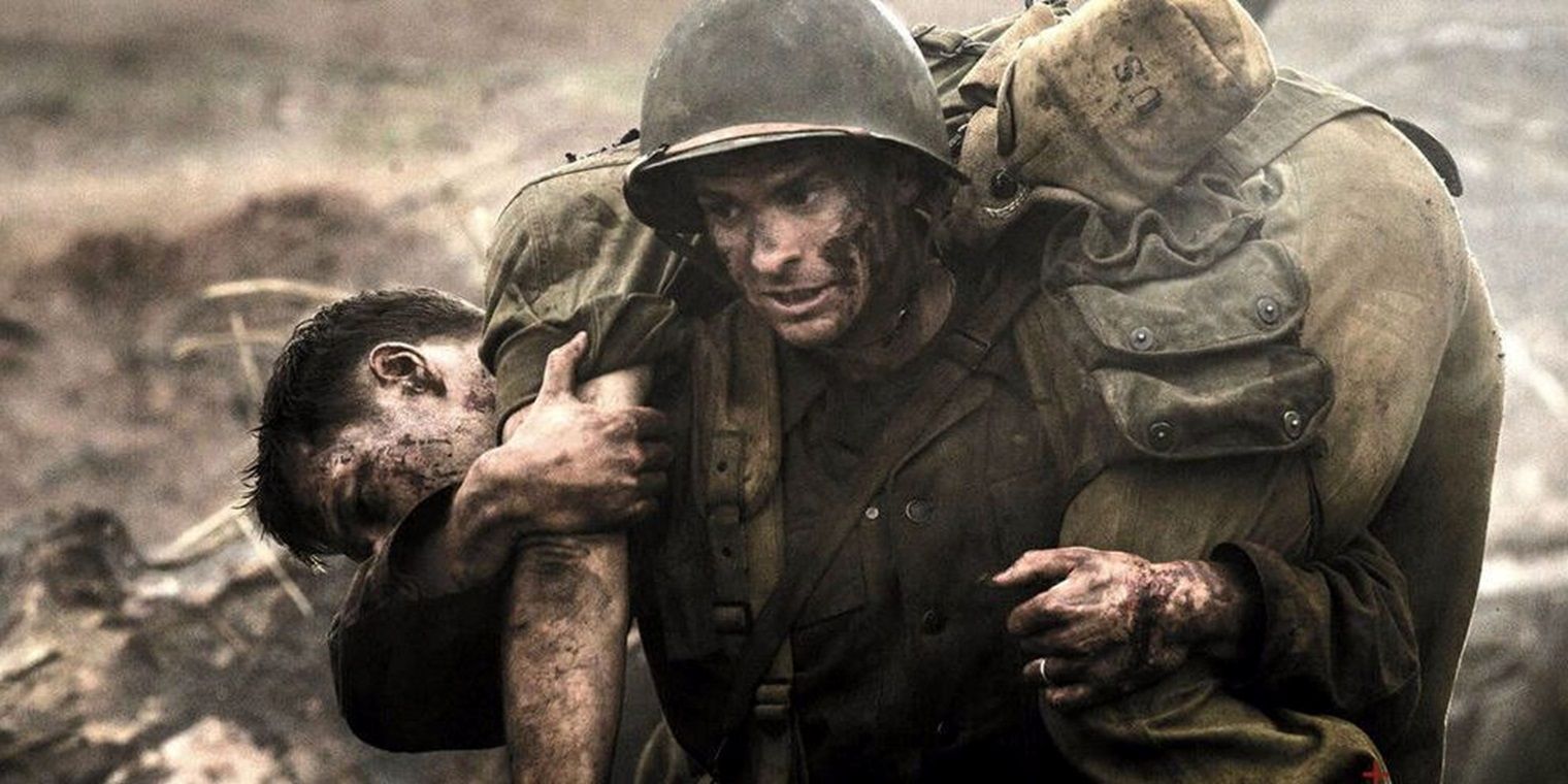 Desmond Doss carrying a soldier in Hacksaw Ridge