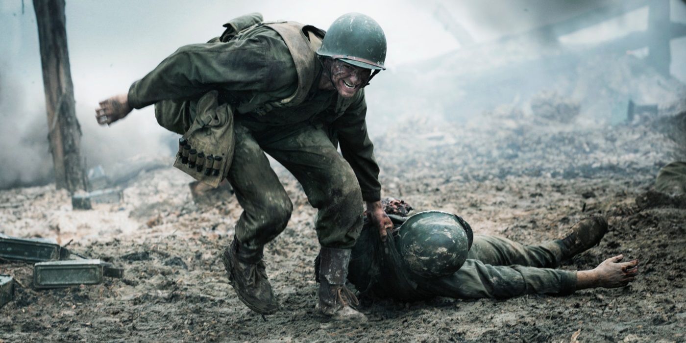 Desmond Doss dragging a soldier in Hacksaw Ridge