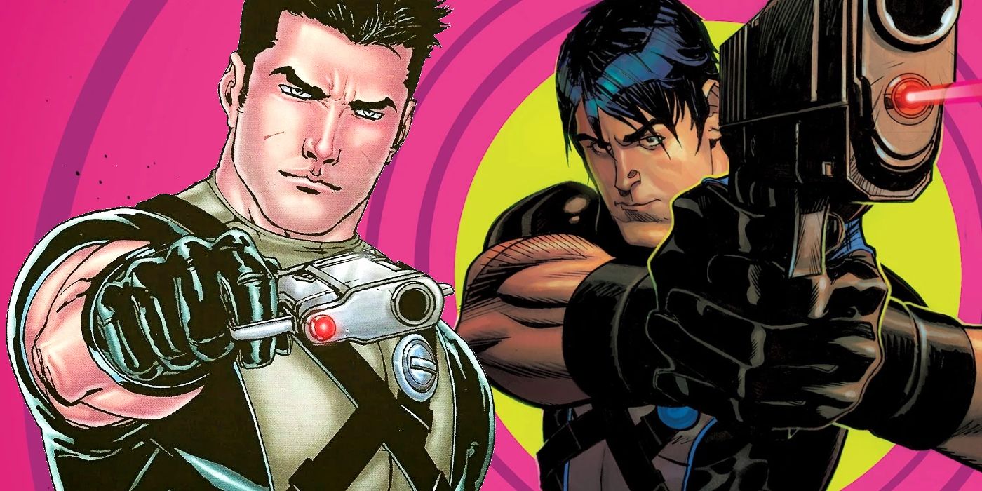 Dick Grayson / Nightwing holding a gun as a member of Spyral