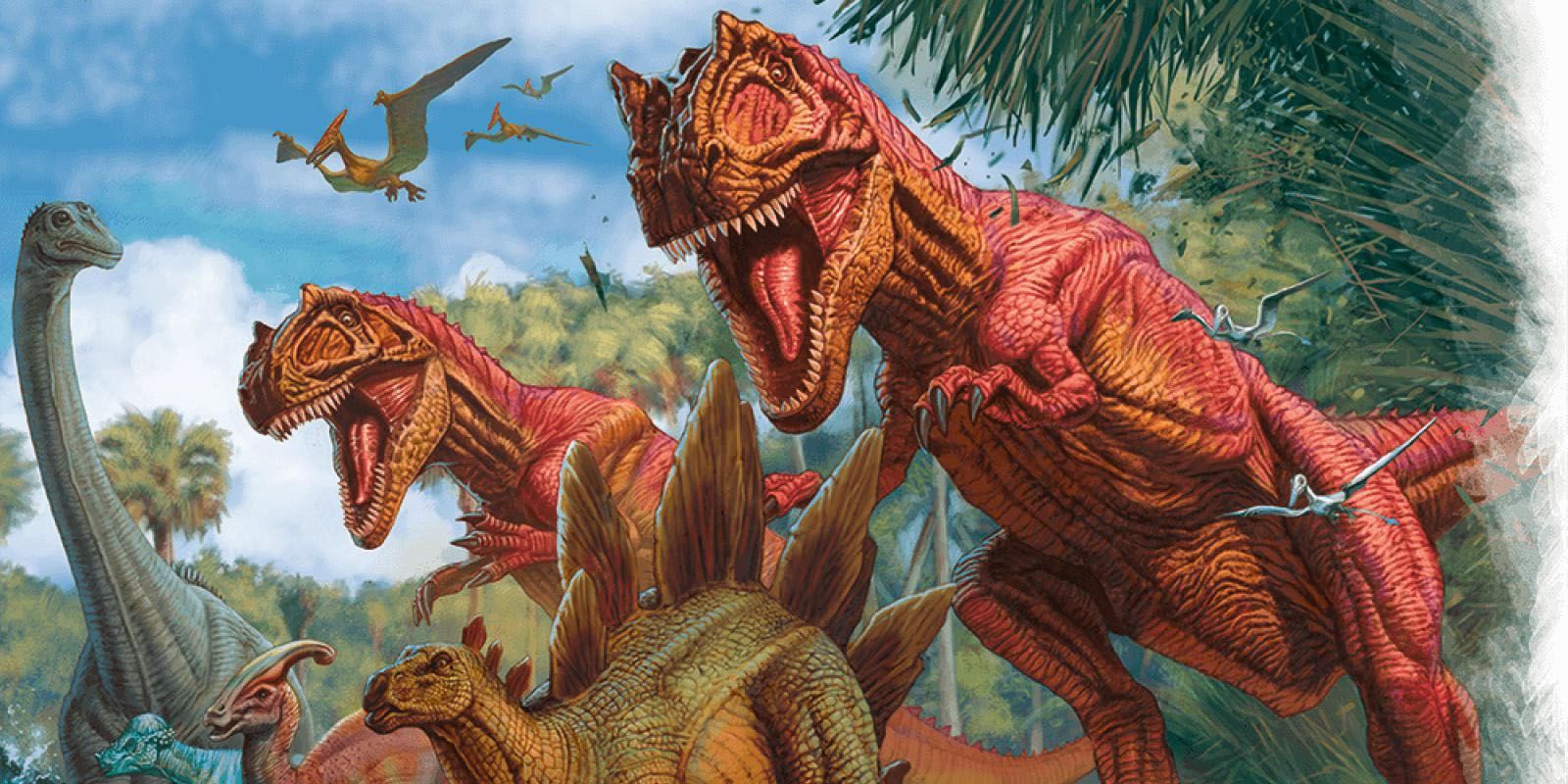 Dinosaurs in a lush environment in a Dungeons & Dragons illustration.