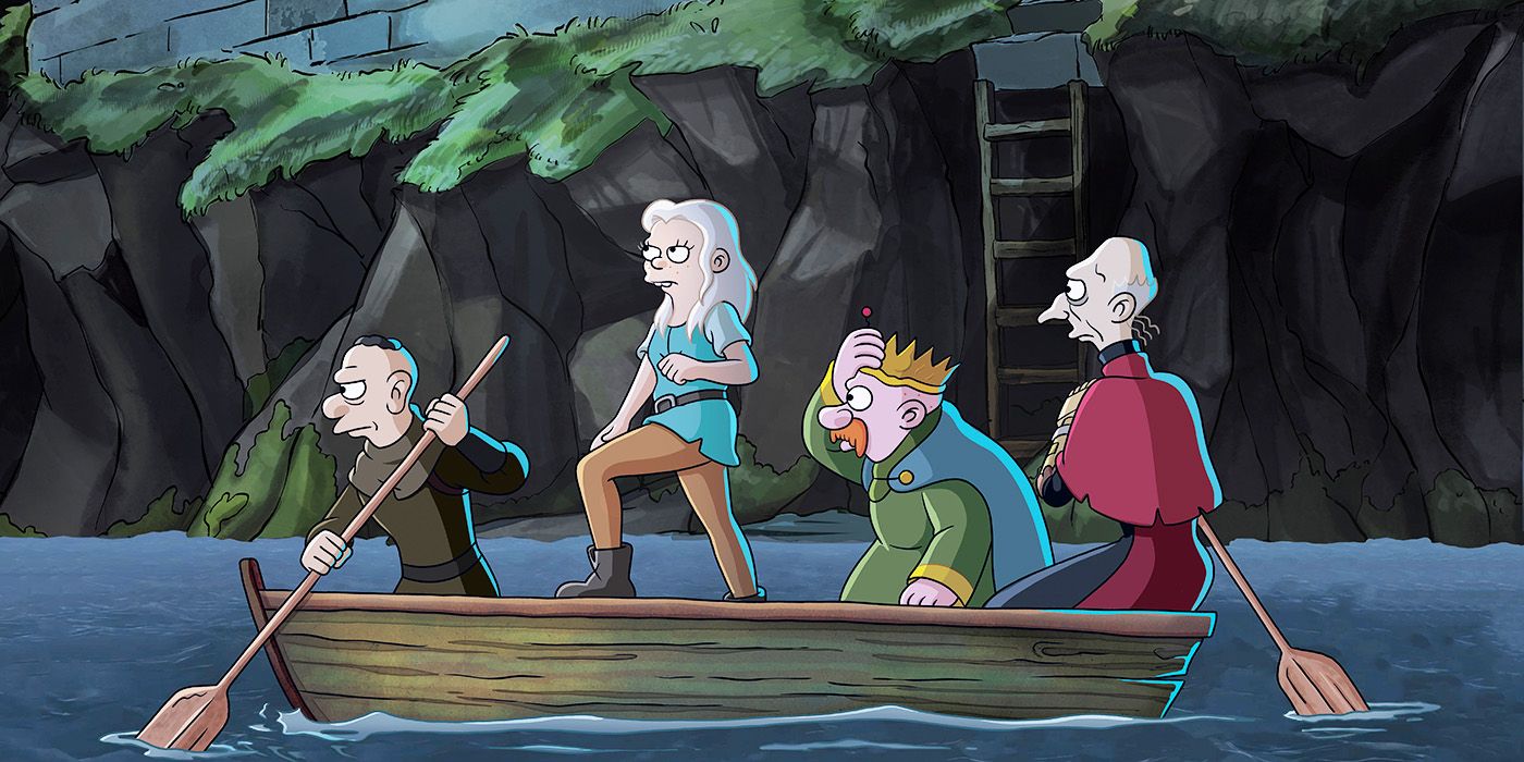 Characters on a boat in Disenchantment season 5 teaser trailer