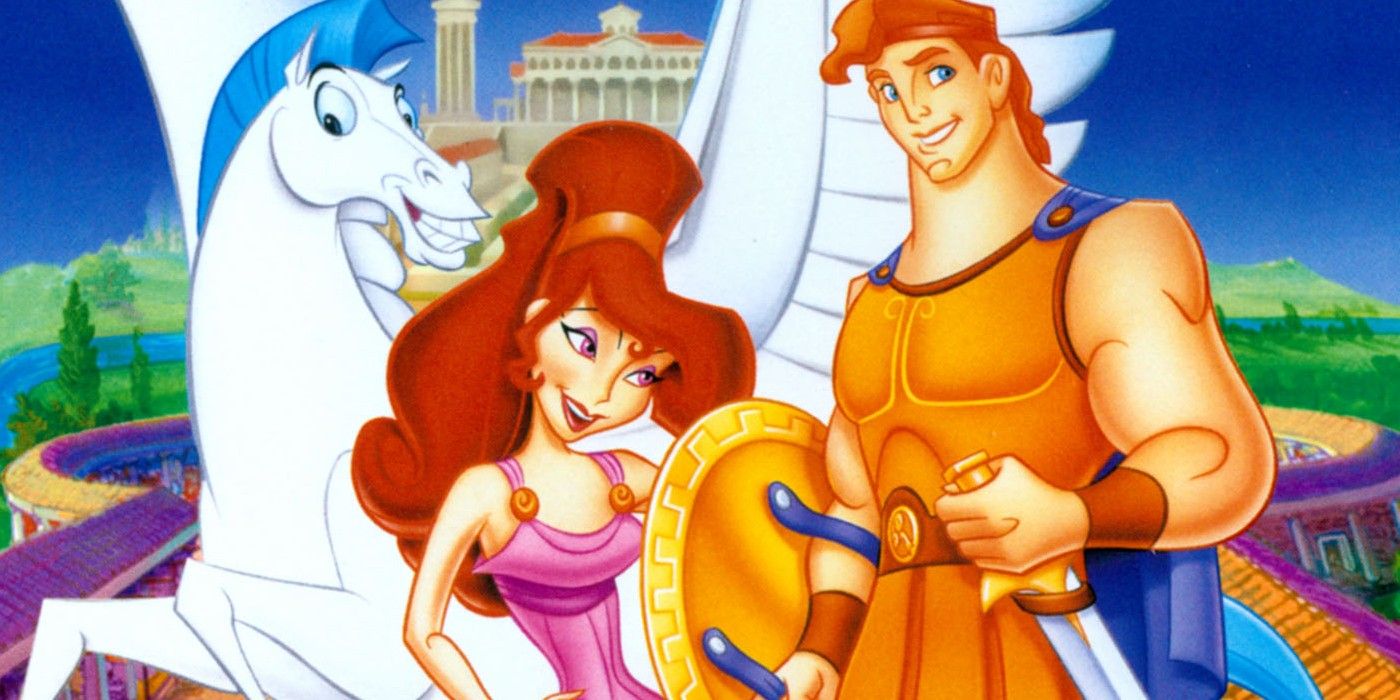 Meg, Pegasus, and Hercules smile while posing for a promo image in Hercules