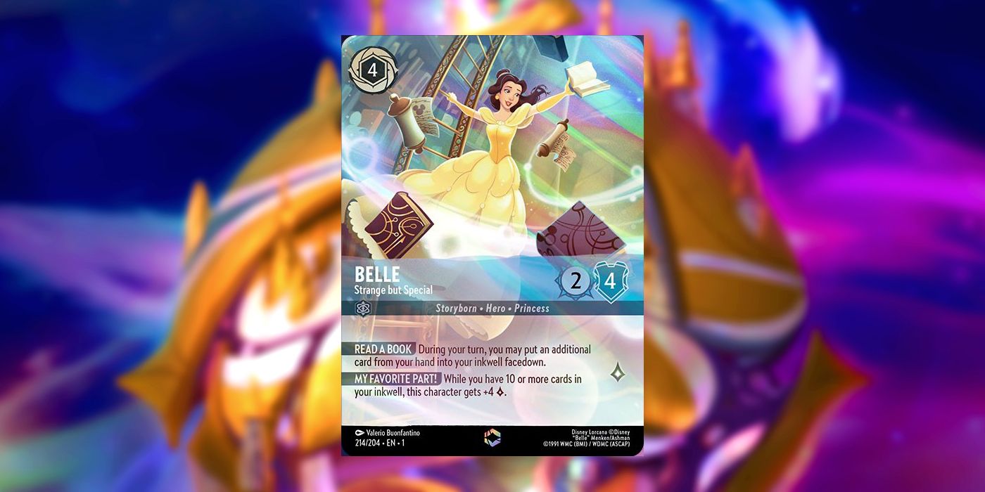 Belle from Beauty and the Beast on a Disney Lorcana card, holding a book in her outstretched arm as other books and scrolls flurry around her in a library.