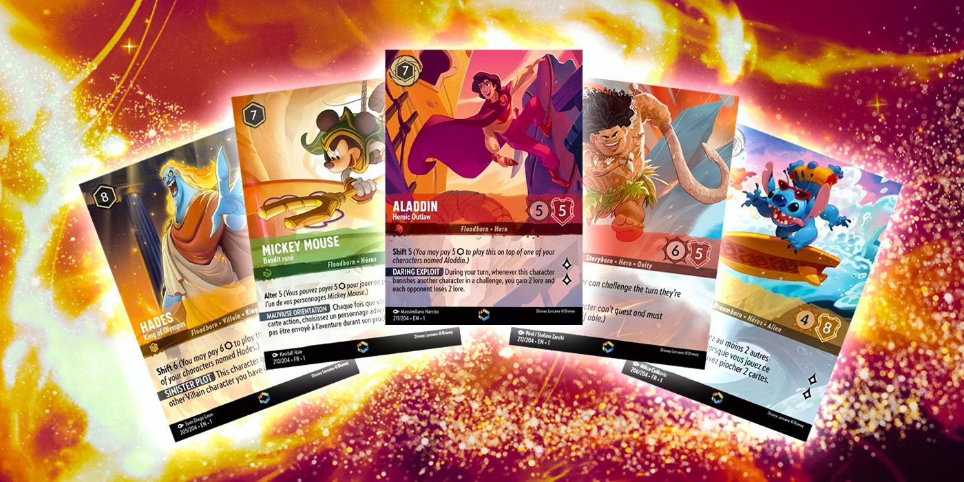 Five of Disney Lorcana's 12 Enchanted rarity cards, fanned out in front of a bright orange, yellow, and velvet background. From left to right: Hades, Mickey Mouse, Aladdin, Maui, and Stitch. Each card has borderless artwork showing its character above a text box detailing the card's uses in play.