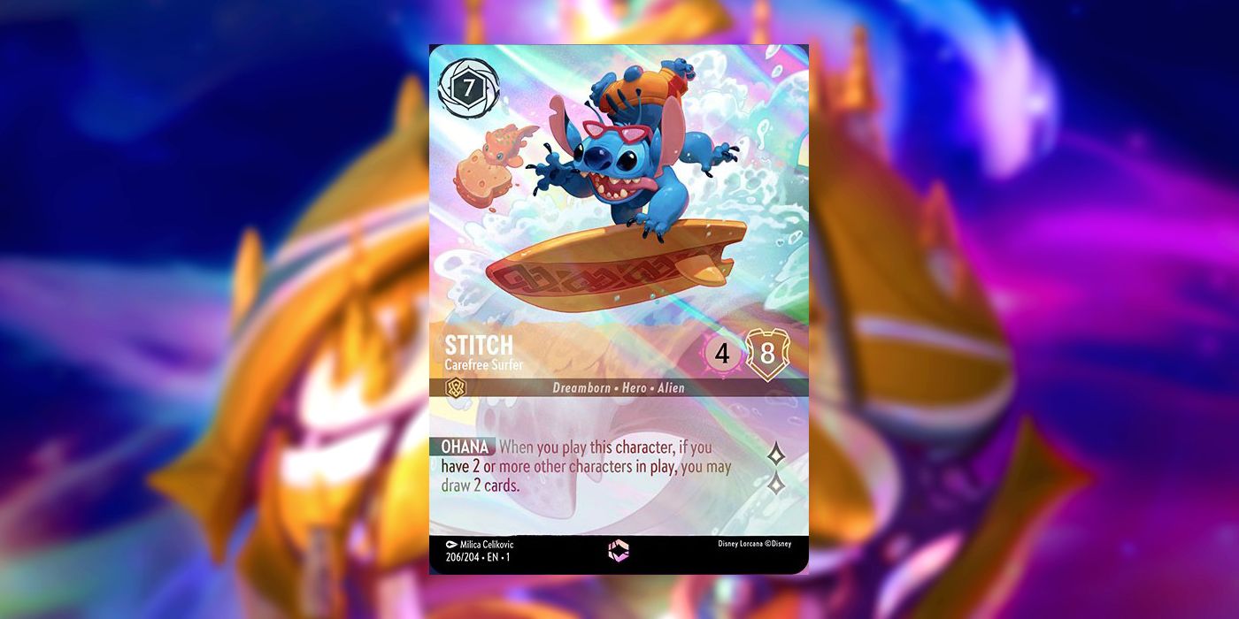 Stitch does a handstand on a surfboard on the front of a Disney Lorcana card, simultaneously reaching for a sandwich that's in the mouth of a fish.