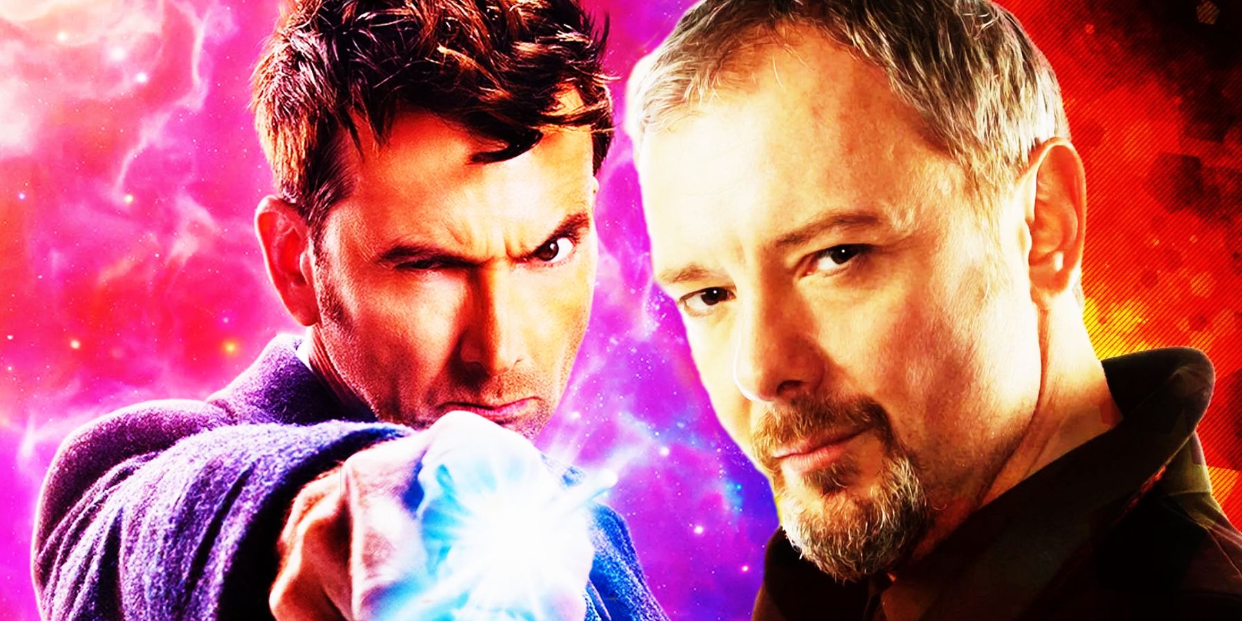 David Tennant wields the 14th Doctor's sonic screwdriver while John Simm looks menacing as the Master.