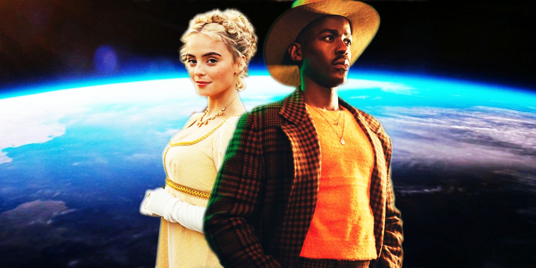 Ruby in Regency dress and the Doctor in a cowboy hat with the planet Earth as a backdrop