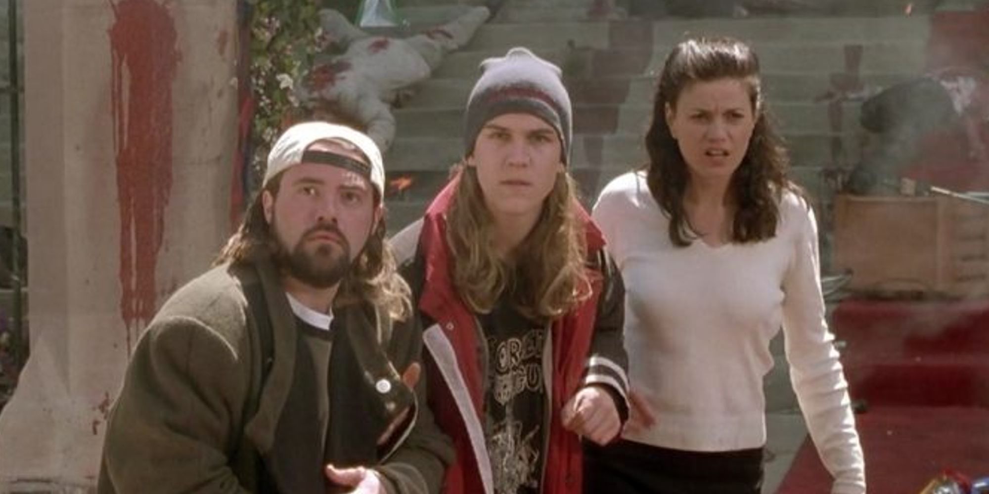 Dogma final battle with Kevin Smith, Jason Mewes, and Linda Fiorentino as Silent Bob, Jay and Bethany