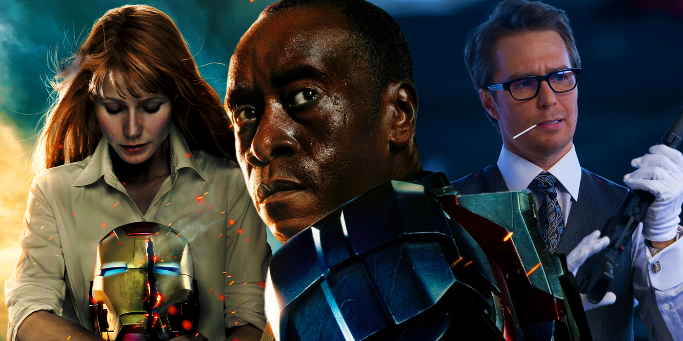 Don Cheadle as Rhodey, Gwyneth Paltrow as Pepper Potts, and Sam Rockwell as Justin Hammer in the MCU