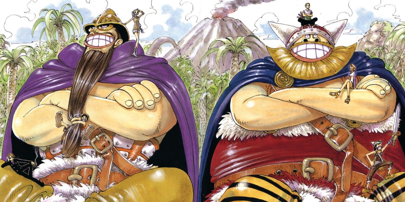 Dorry e Brogy de One Piece sentados enquanto os Chapéus de Palha penduram seus corpos em One Piece.
