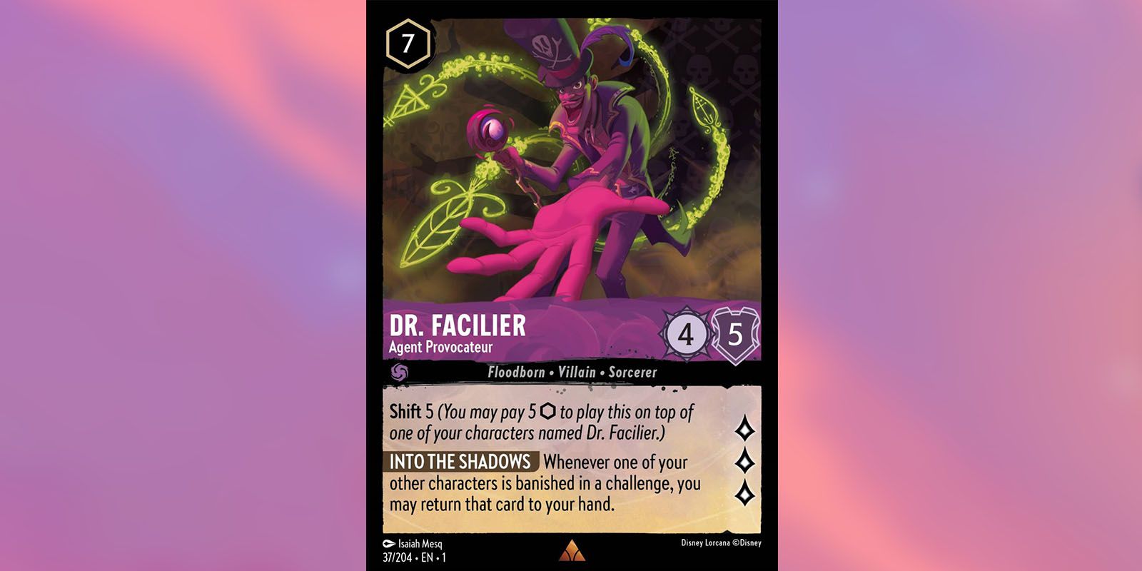 Dr. Facilier Lorcana offering a hand forward on a Disney Lorcana card.