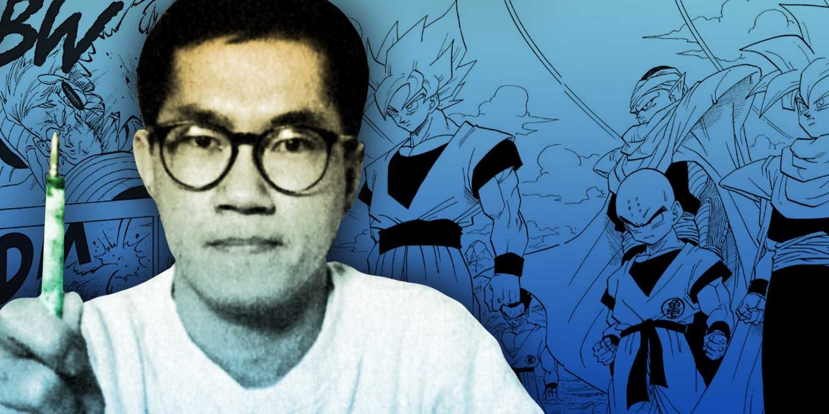 Akira Toriyama over a panel from the Cell Games in Dragon Ball
