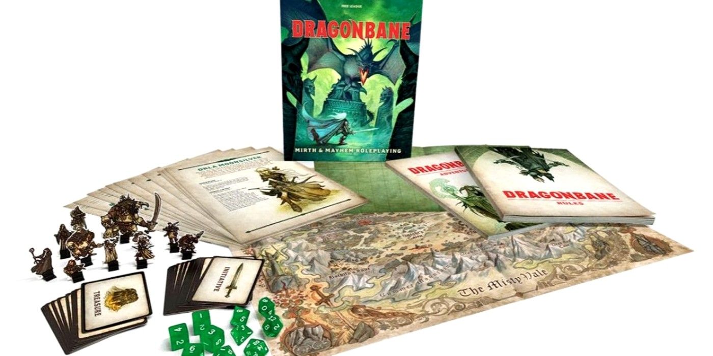 The Dragonbane Core Put, that contains green dice, cardboard characters, cards, and a fat-color draw.