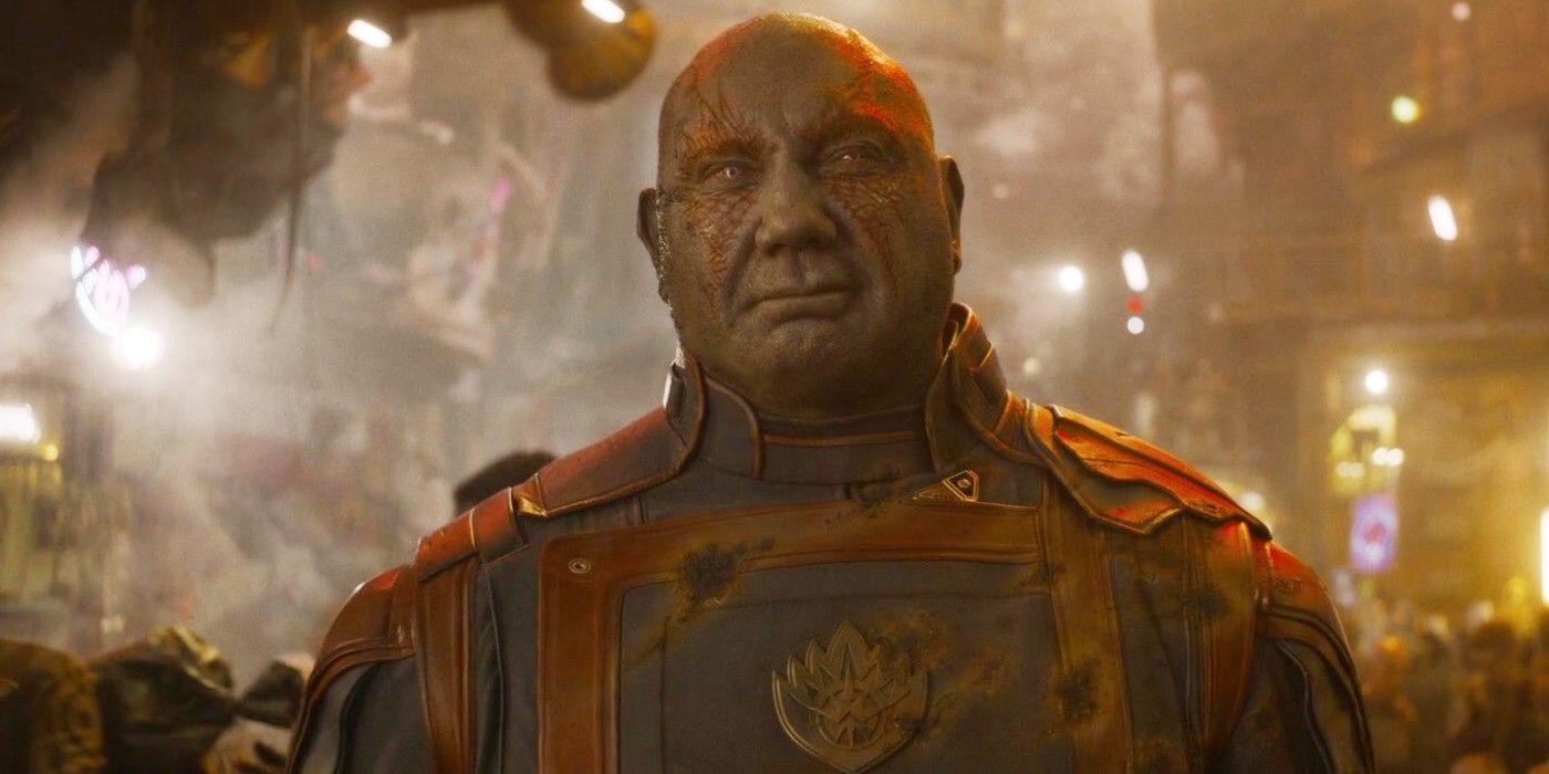 Drax at the end of Guardians 3 looking emotional