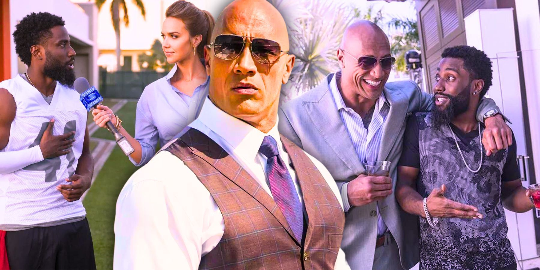 Dwayne Johnson in Ballers with scenes collaged behind