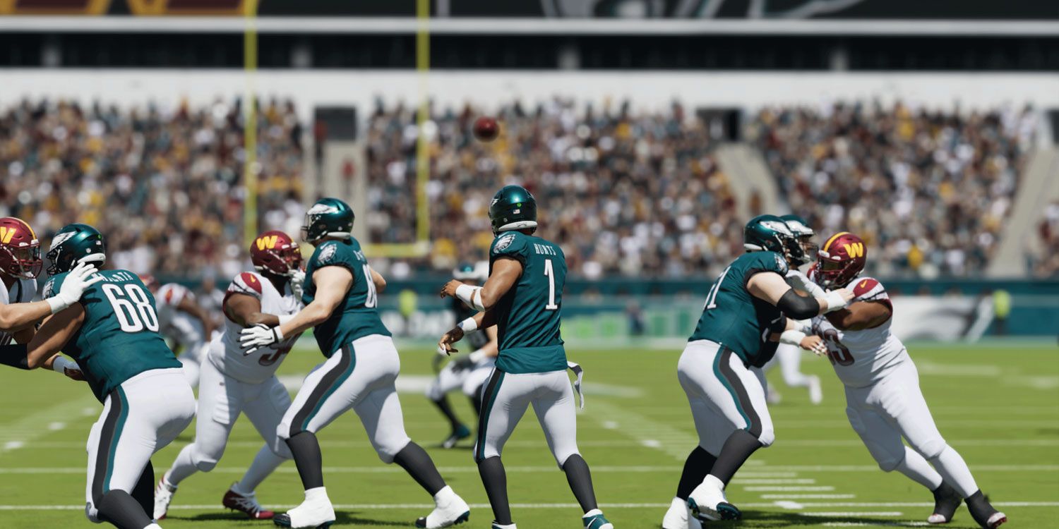 Eagles QB throwing a pass in Madden 24. 