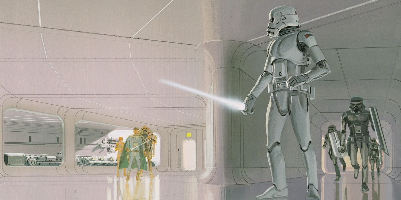 Concept art of a Stormtrooper wielding a lightsaber.