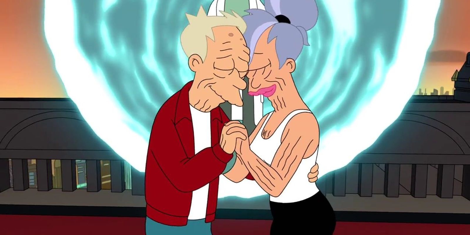 Elderly Fry and Leela embrace in Futurama