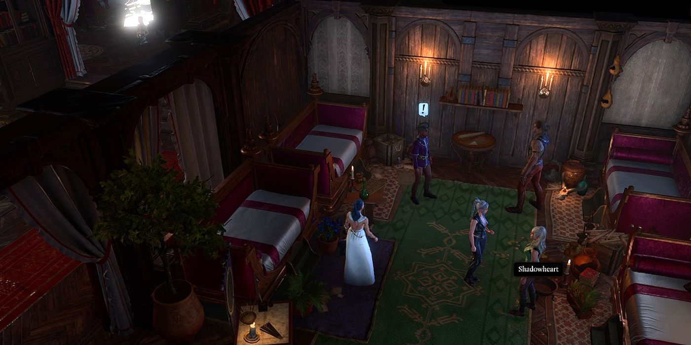 Players camp at Elfsong Tavern in Baldur&rsquo;s Gate 3 showing Wyll wants a chat.