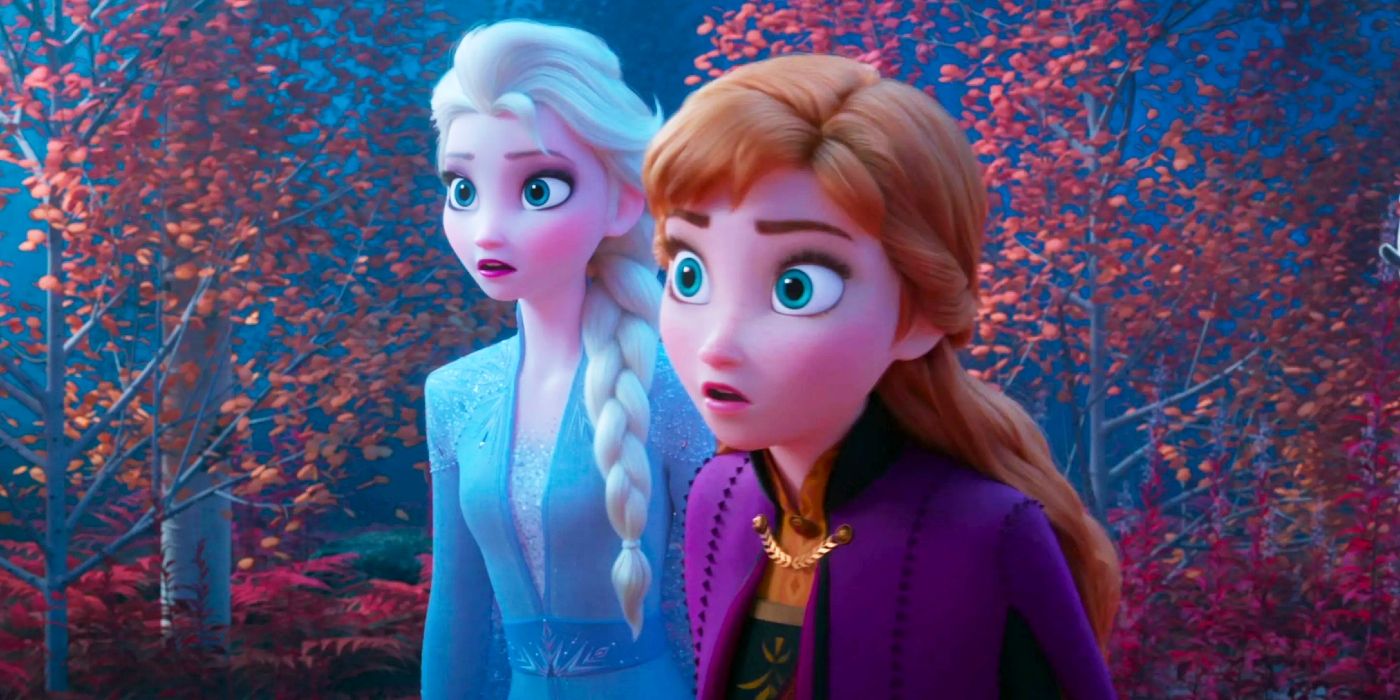 Elsa and Anna looking surprised in Frozen II.