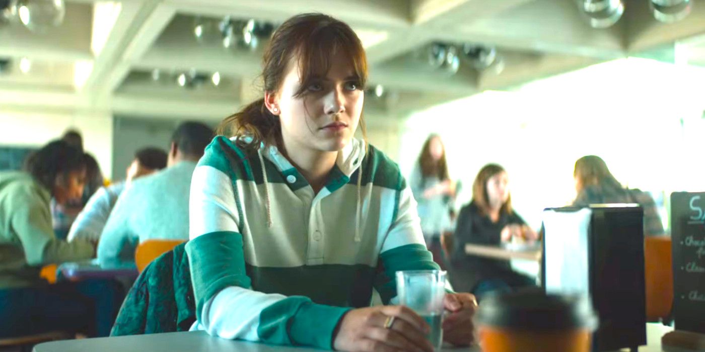 Emilia Jones has an intense conversation in a cafeteria in Cat Person