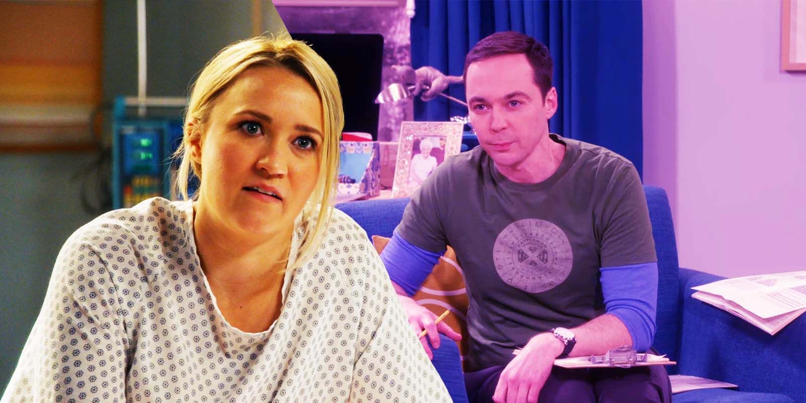 Emily Osment as Mandy in Young Sheldon season 6 and Jim Parsons as Sheldon in The Big Bang Theory season 11