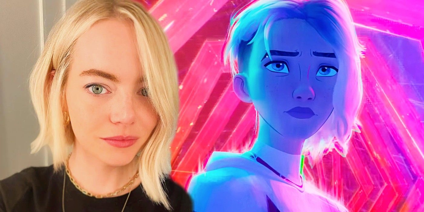 A split image of Emma Stone and Gwen from Spider-Man: Across the Spider-Verse