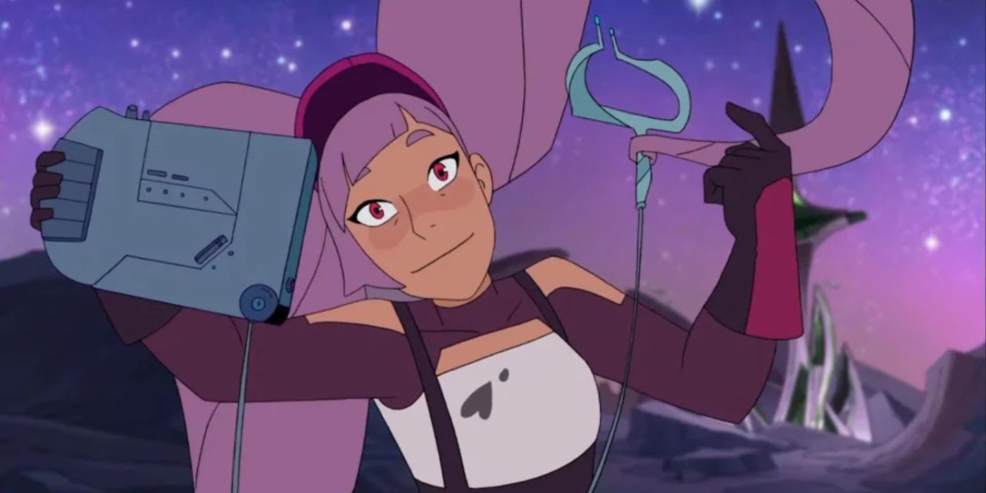 Entrapta holding a piece of technology in She-Ra and the Princesses of Power