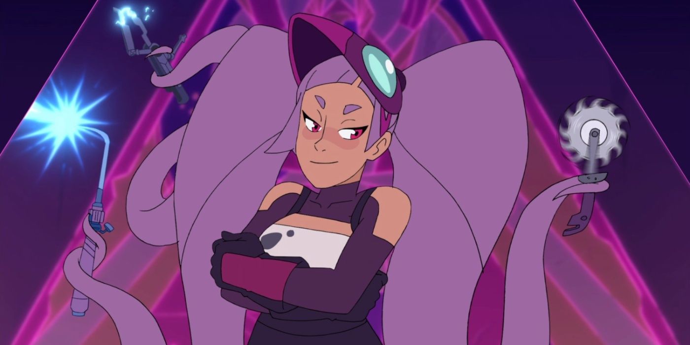 Entrapta with her bug-eye mask on her head in She-Ra