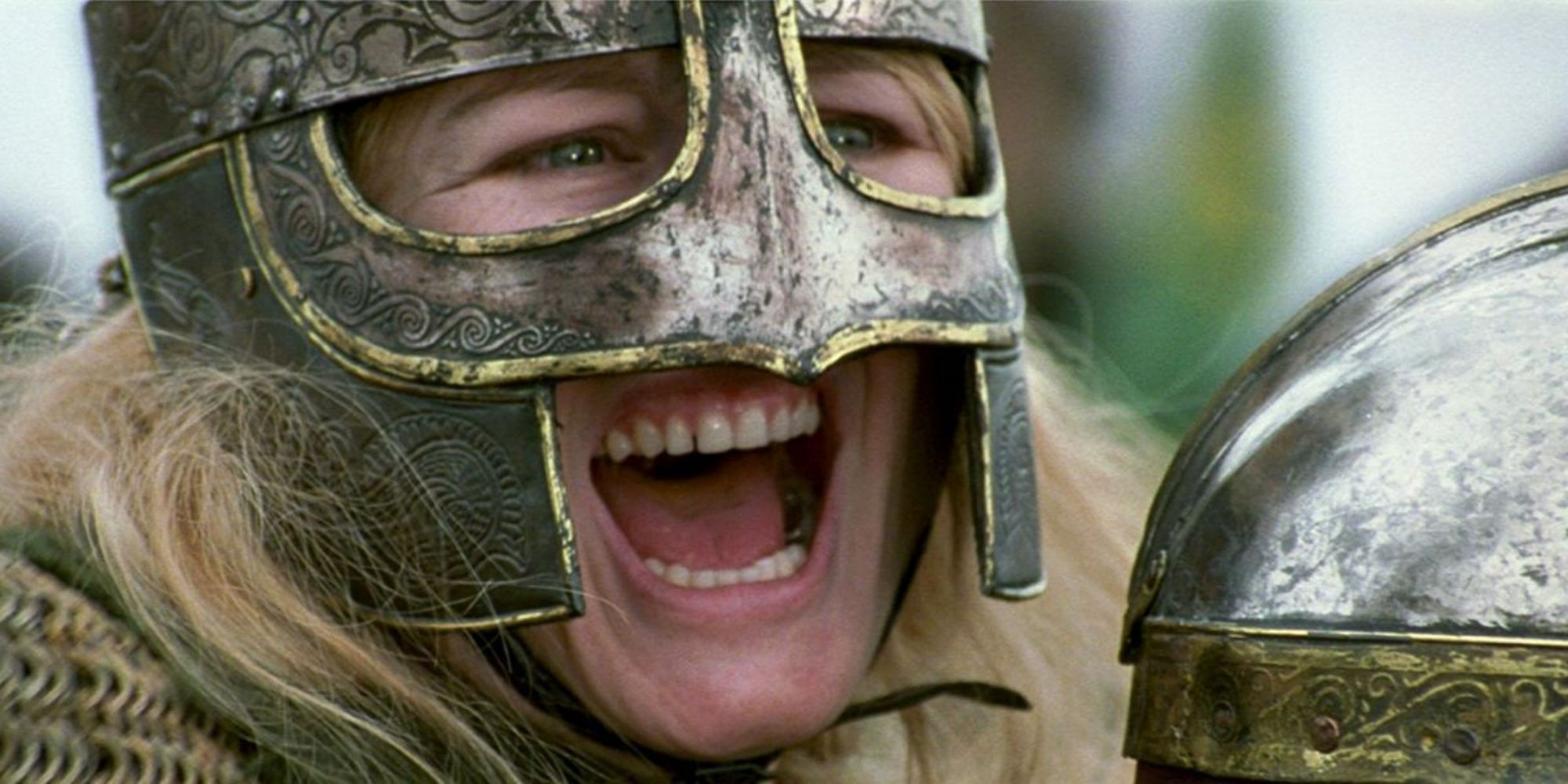 Miranda Otto as Eowyn screaming while wearing a helmet in The Lord of the Rings Return of the King (1)