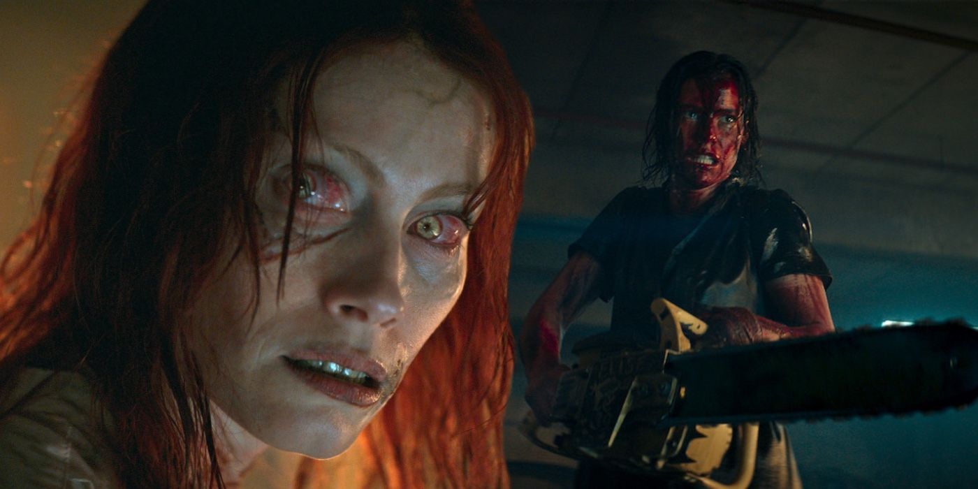 A composite image of a Deadite and a woman with a chainsaw in Evil Dead Rise