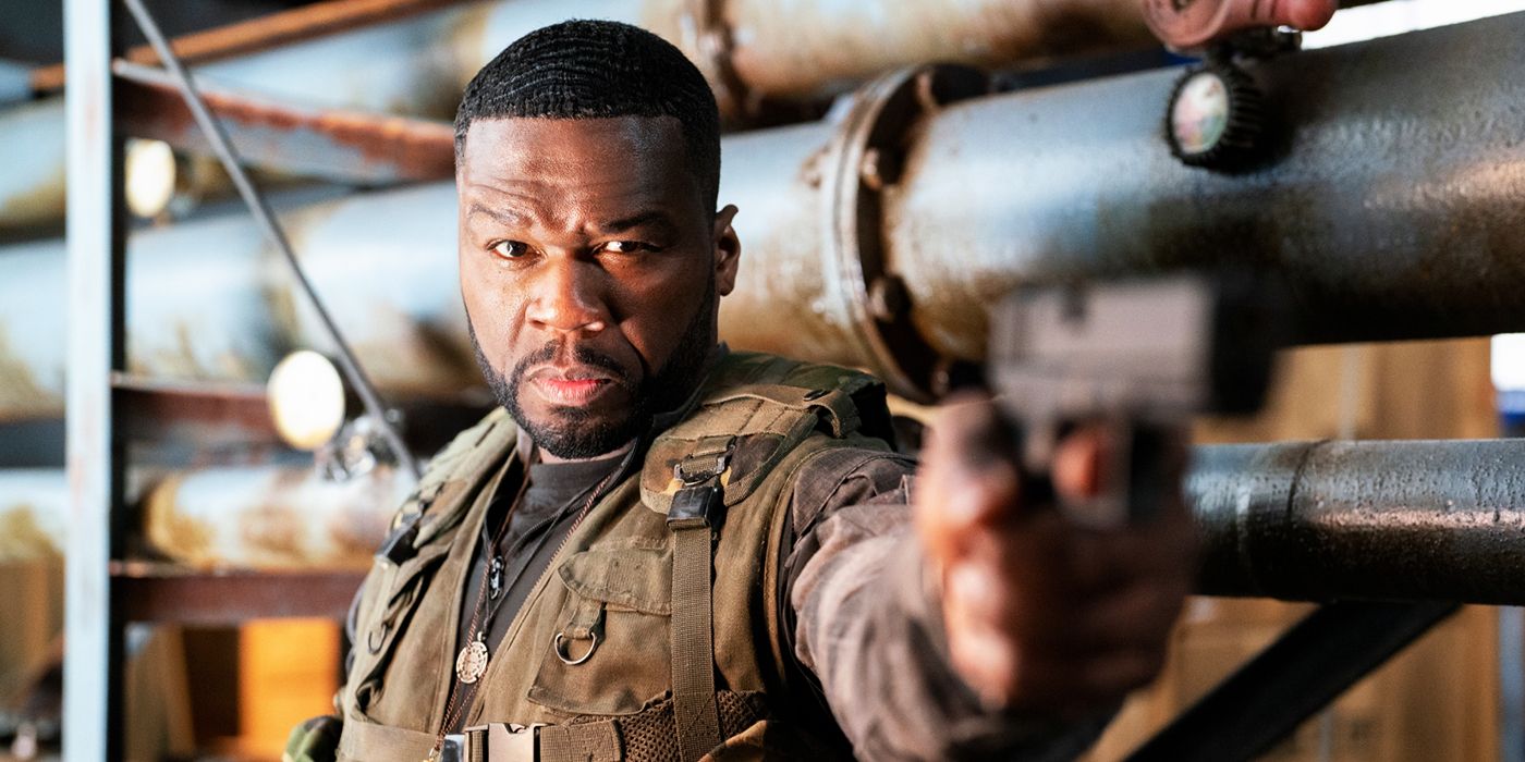 50 Cent pointing a gun in Expendables 4 