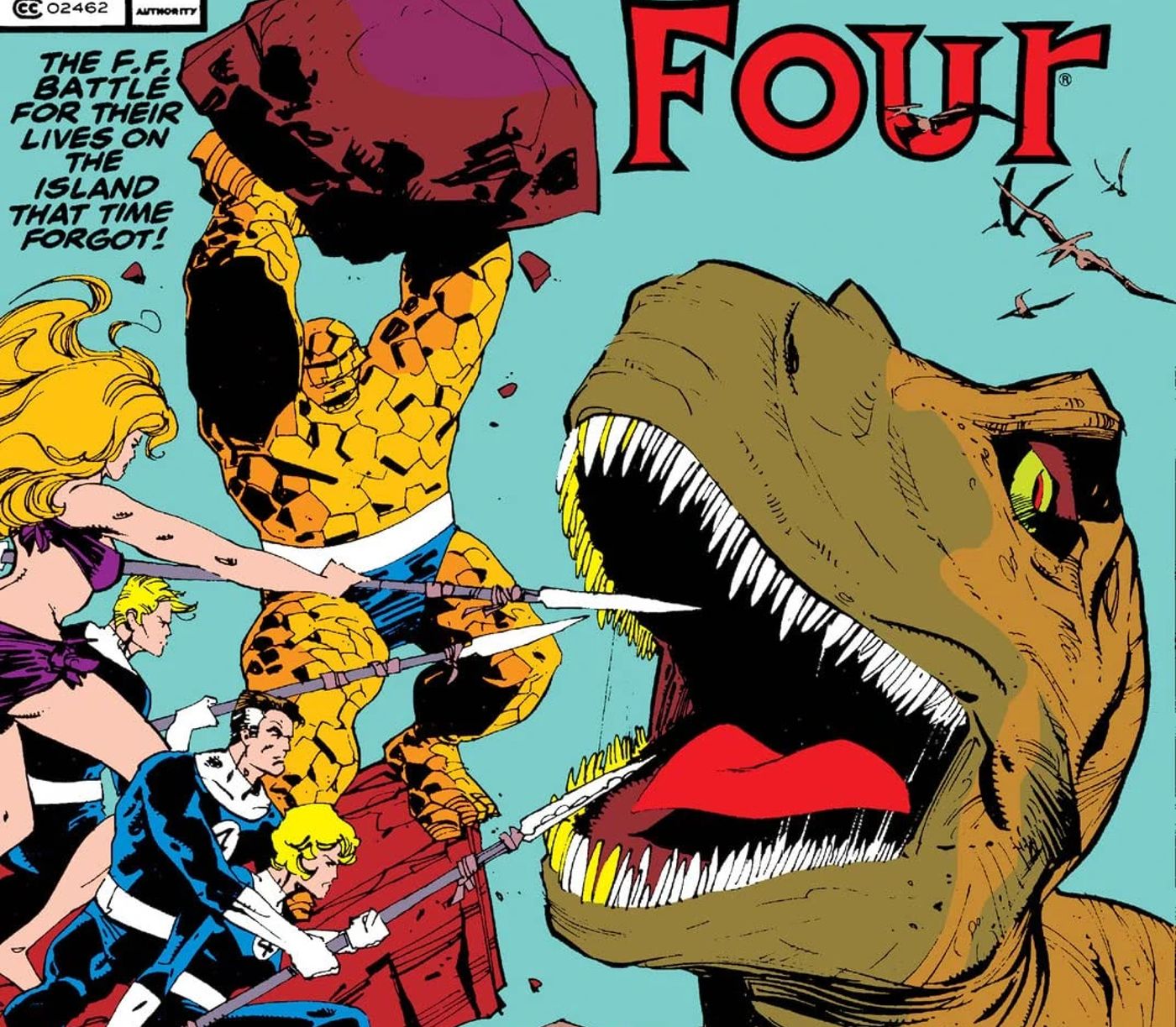 Fantastic Four vs. a T-Rex.