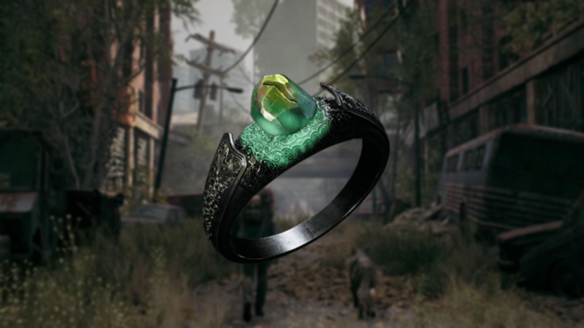 A render of Fae Warrior Ring, a black ring with pauldron patterns, a green center, and an awkwardly cut green crystal, set against a blurred background of the Handler and their dog exploring the ruined world.