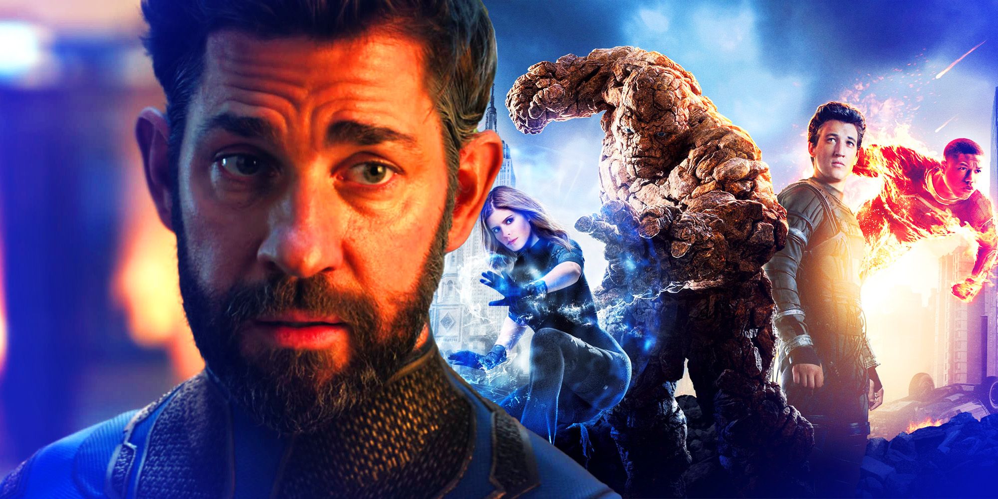 John Krasinski as Reed Richards in Doctor Strange in the Multiverse of Madness and the cast of Fantastic Four 2015